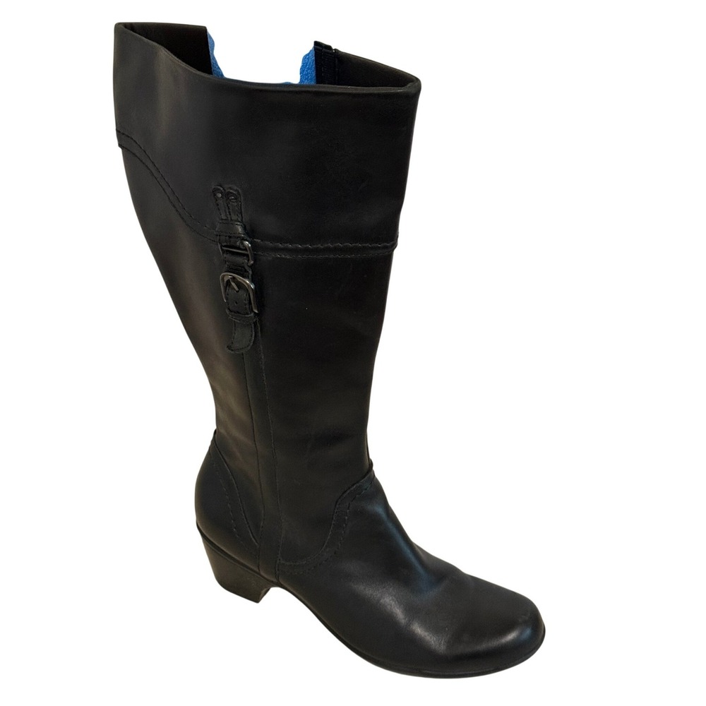Clarks Women Knee High Boots Size 9M Black Leather Buckle Riding Dark Academia